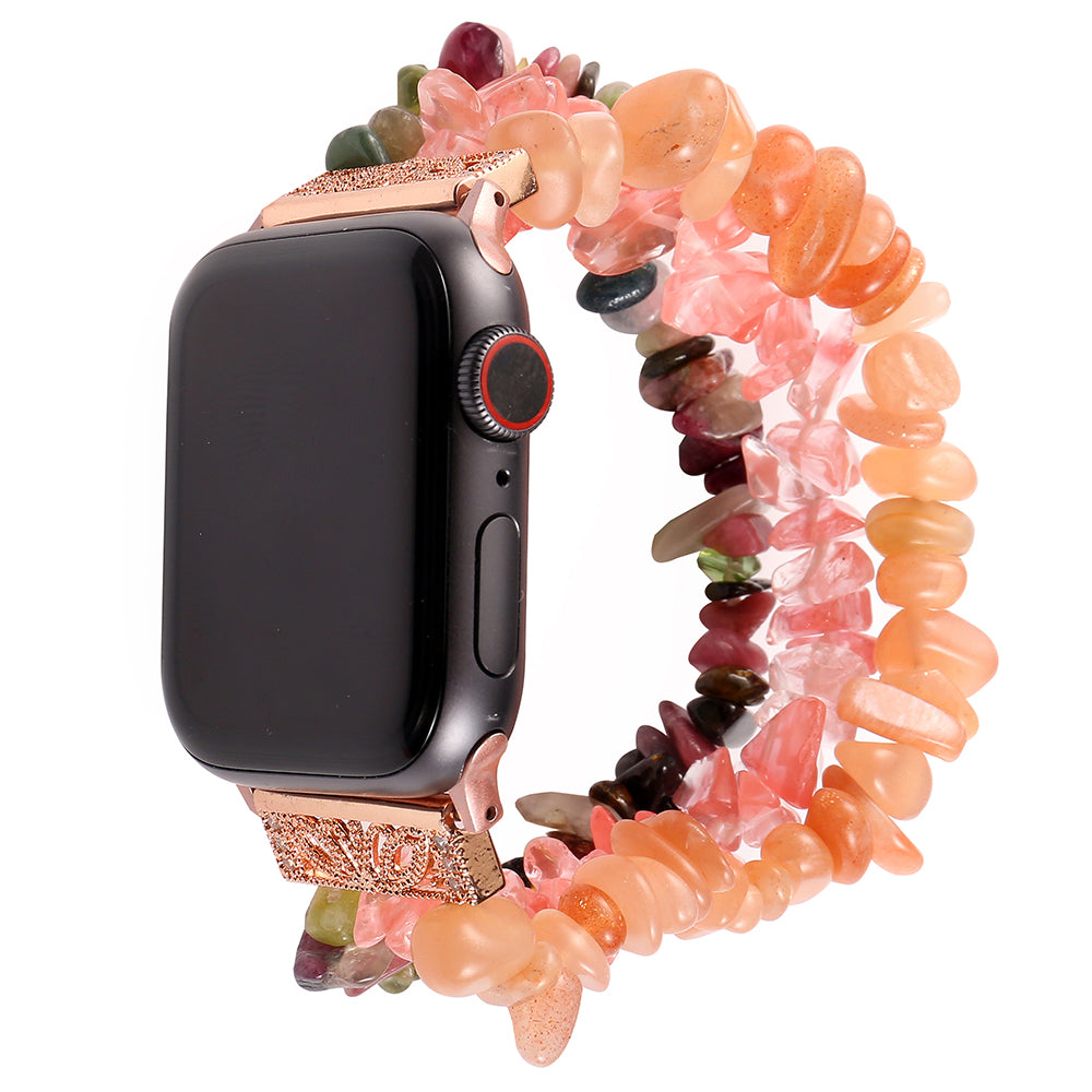 Four Rows Natural Stones Smart Watch Strap Band Replacement for Apple Watch Ultra 49mm / Series 8 45mm / 7 45mm / SE 44mm / SE (2022) 44mm / Series 6 / 5 / 4 44mm / Series 3 / 2 / 1 42mm - Pink / Multicolor