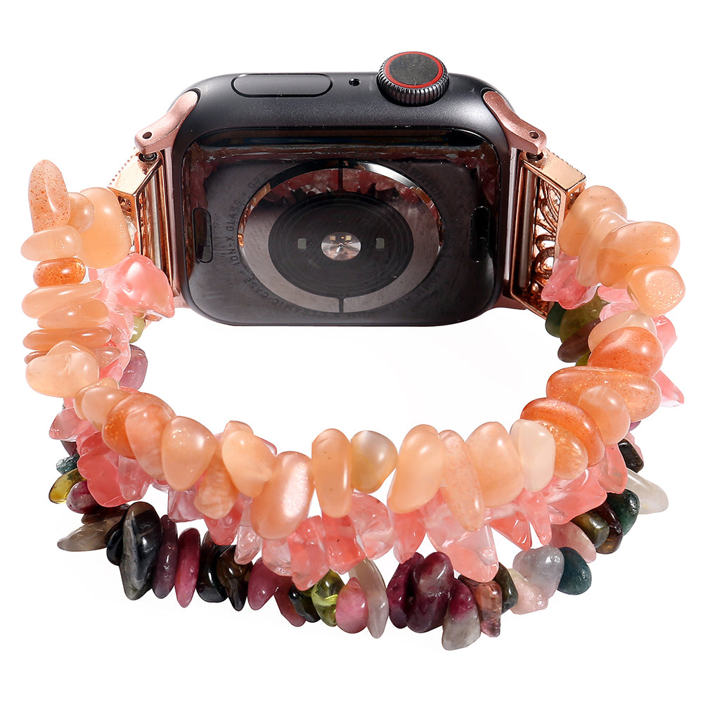 Four Rows Natural Stones Smart Watch Strap Band Replacement for Apple Watch Ultra 49mm / Series 8 45mm / 7 45mm / SE 44mm / SE (2022) 44mm / Series 6 / 5 / 4 44mm / Series 3 / 2 / 1 42mm - Pink / Multicolor