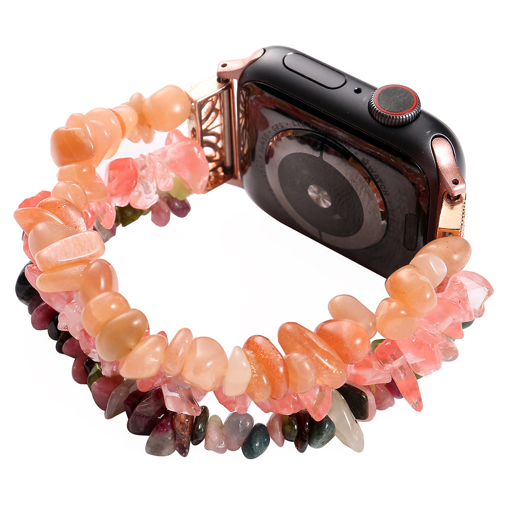 Four Rows Natural Stones Smart Watch Strap Band Replacement for Apple Watch Ultra 49mm / Series 8 45mm / 7 45mm / SE 44mm / SE (2022) 44mm / Series 6 / 5 / 4 44mm / Series 3 / 2 / 1 42mm - Pink / Multicolor