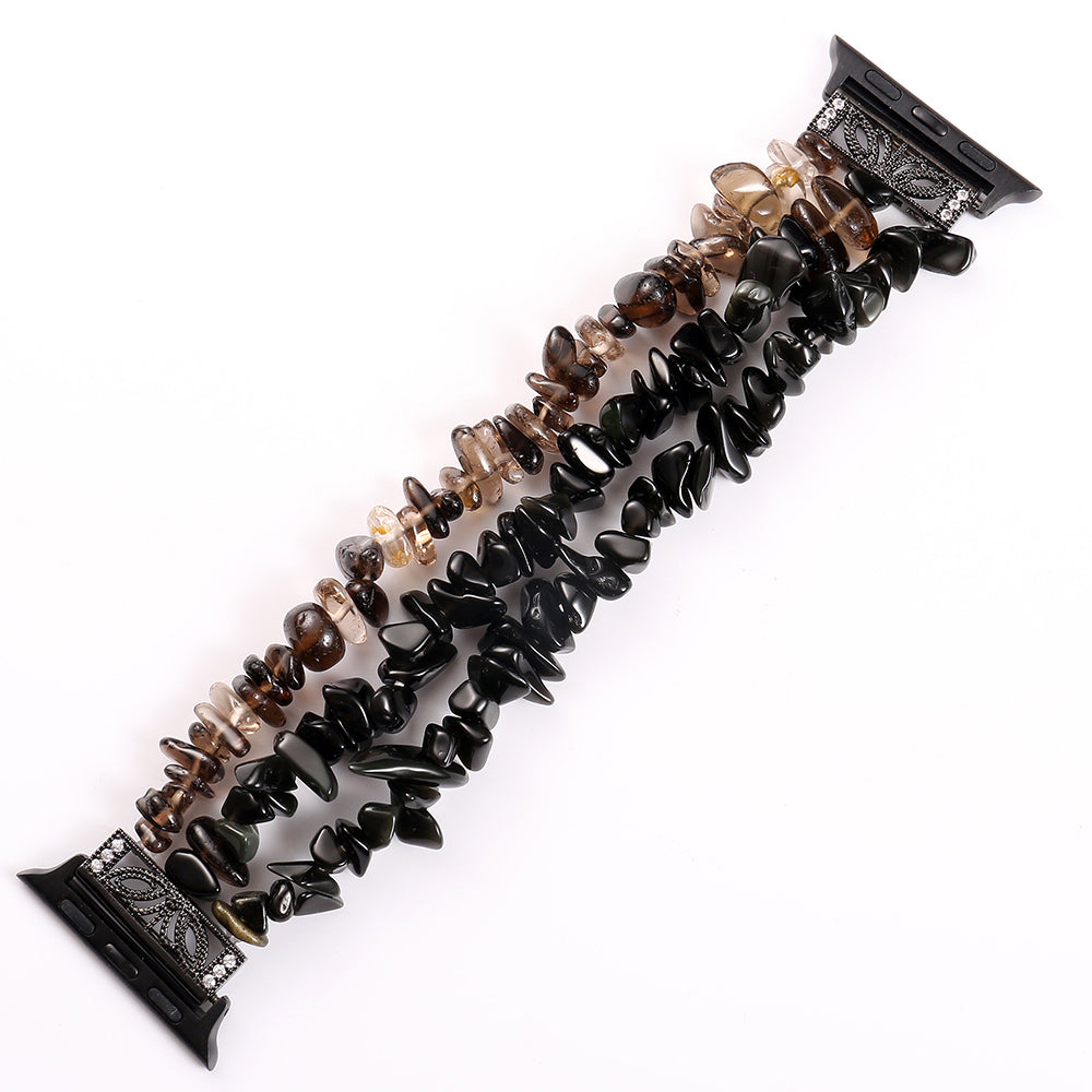 Four Rows Natural Stones Smart Watch Strap Band Replacement for Apple Watch Ultra 49mm / Series 8 45mm / 7 45mm / SE 44mm / SE (2022) 44mm / Series 6 / 5 / 4 44mm / Series 3 / 2 / 1 42mm - Black