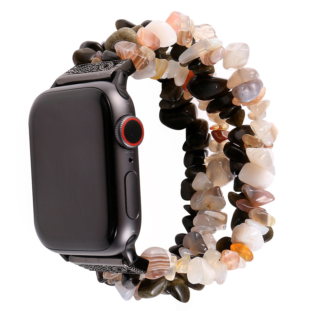 Four Rows Natural Stones Smart Watch Strap Band Replacement for Apple Watch Ultra 49mm / Series 8 45mm / 7 45mm / SE 44mm / SE (2022) 44mm / Series 6 / 5 / 4 44mm / Series 3 / 2 / 1 42mm - Black / White