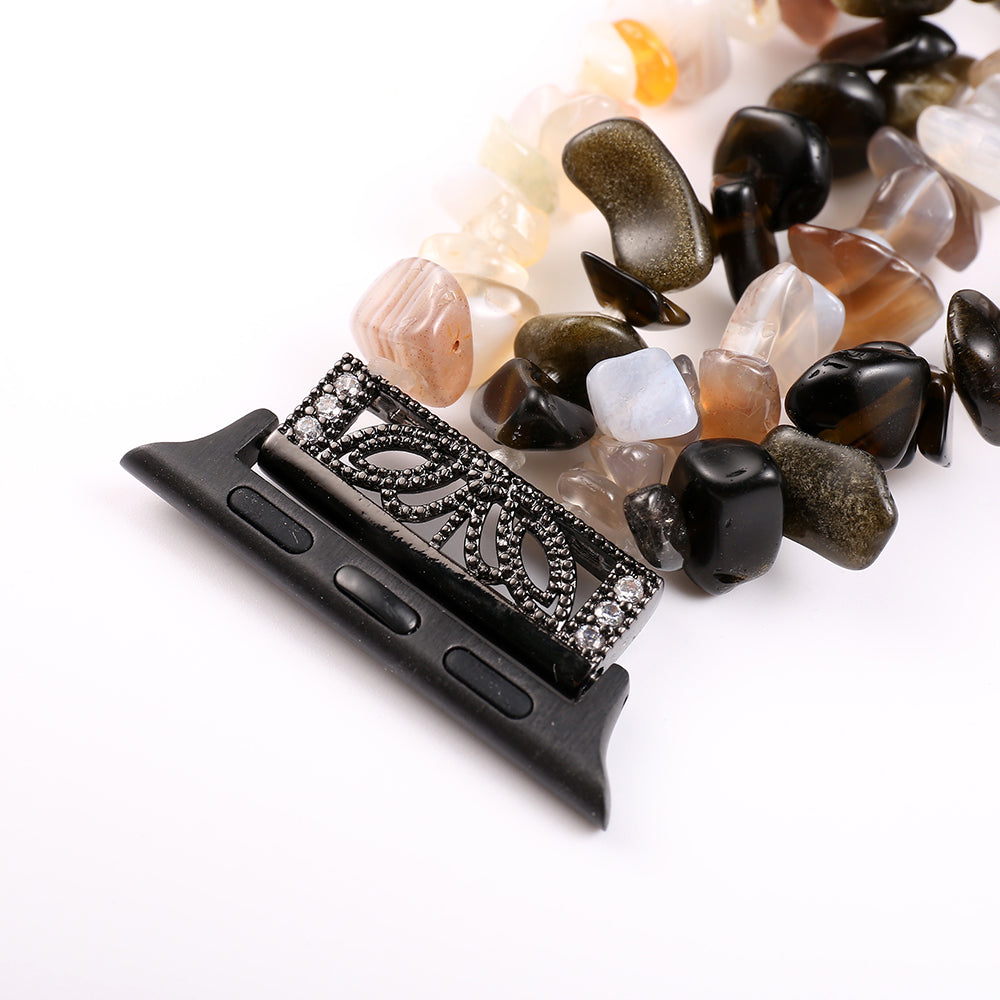 Four Rows Natural Stones Smart Watch Strap Band Replacement for Apple Watch Ultra 49mm / Series 8 45mm / 7 45mm / SE 44mm / SE (2022) 44mm / Series 6 / 5 / 4 44mm / Series 3 / 2 / 1 42mm - Black / White