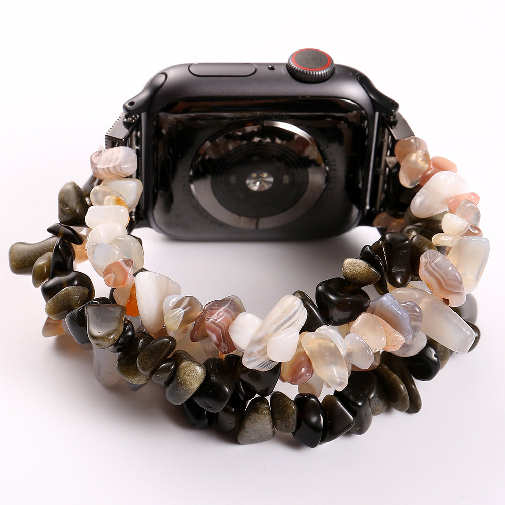 Four Rows Natural Stones Smart Watch Strap Band Replacement for Apple Watch Ultra 49mm / Series 8 45mm / 7 45mm / SE 44mm / SE (2022) 44mm / Series 6 / 5 / 4 44mm / Series 3 / 2 / 1 42mm - Black / White