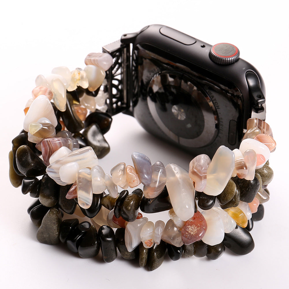 Four Rows Natural Stones Smart Watch Strap Band Replacement for Apple Watch Ultra 49mm / Series 8 45mm / 7 45mm / SE 44mm / SE (2022) 44mm / Series 6 / 5 / 4 44mm / Series 3 / 2 / 1 42mm - Black / White