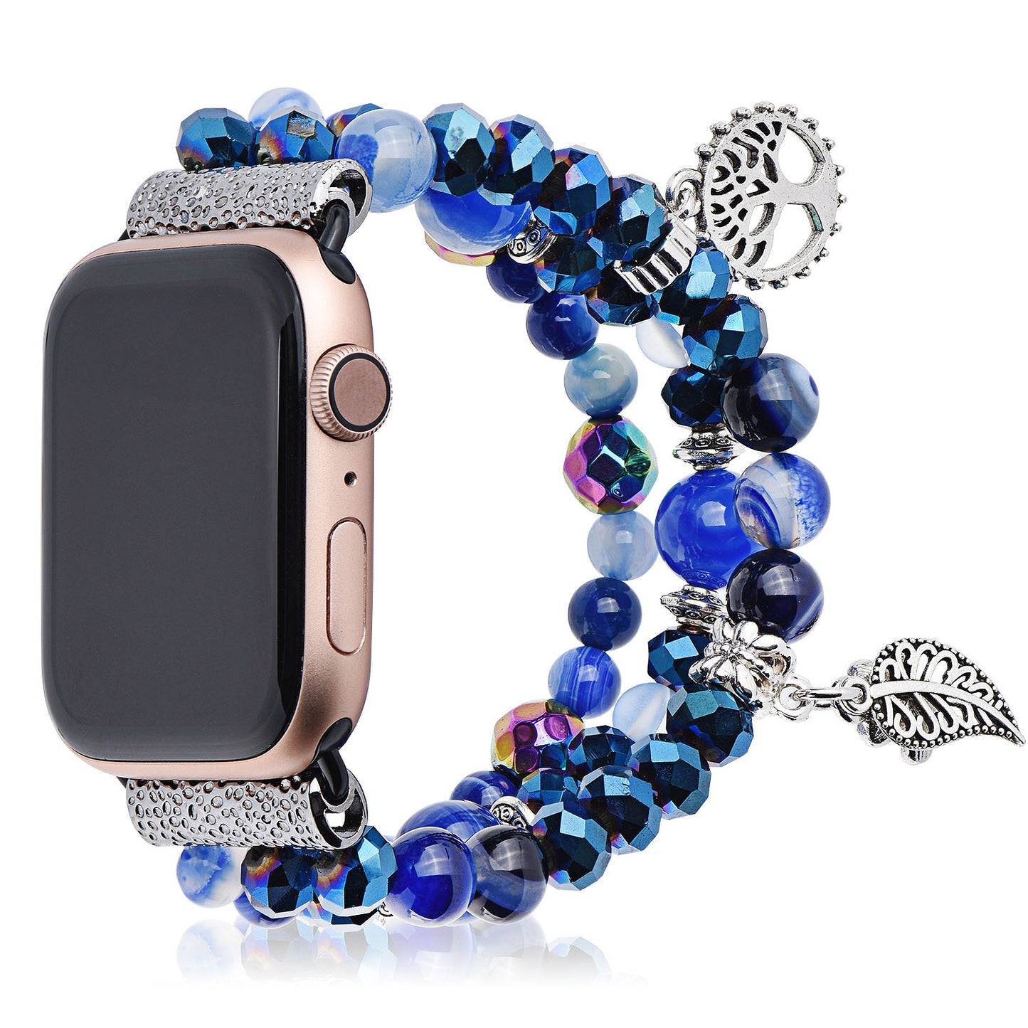 Blue Crystal Beaded Bracelet Watch Strap with Life Tree and Leaf Pendant for Apple Watch Series 8 41mm / Series 7 41mm / 4 / 5 / 6 / SE / SE(2022) 40mm / 1 / 2 / 3 38mm