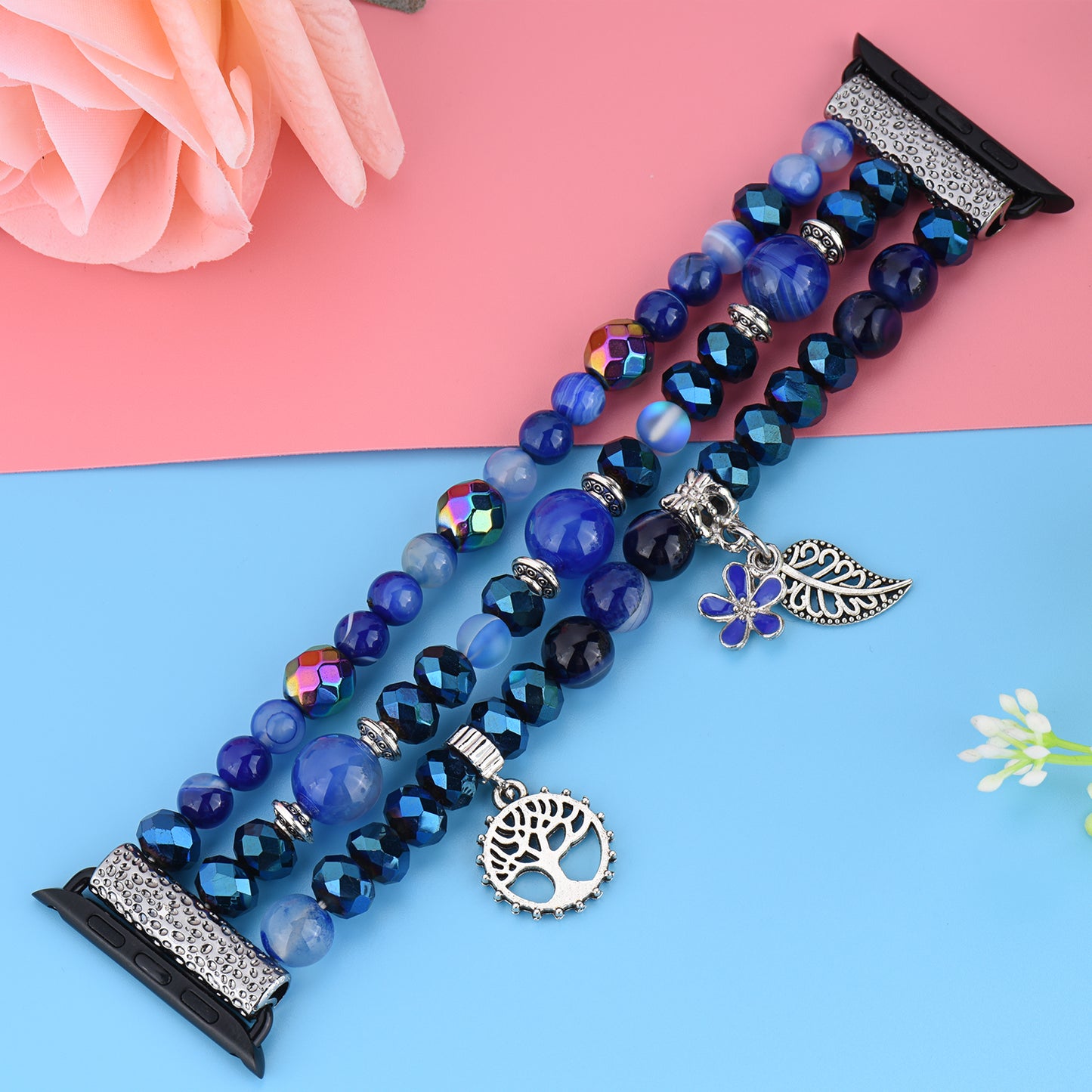 Fashion iWatch Blue Crystal Beaded Bracelet Watchband Strap with Life Tree and Leaf Pendant for Apple Watch Ultra 49mm / Series 8 45mm / 7 45mm / 4 / 5 / 6 / SE 44mm / 1 / 2 / 3 42mm