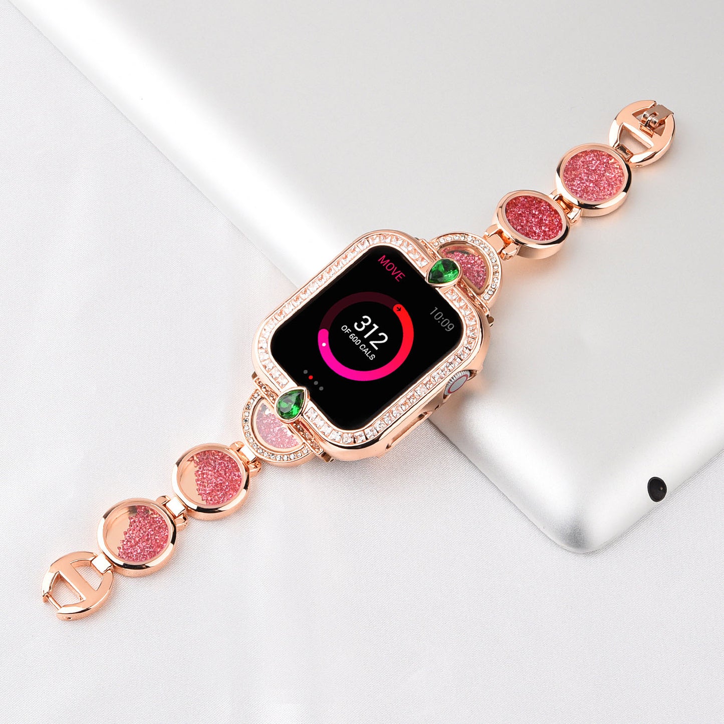 Rhinestones Decor Stainless Steel Watch Band Replacement Wrist Strap for Apple Watch Ultra 49mm / Series 8 45mm / 7 45mm / Series 6 / 5 / 4 / SE 44mm / SE (2022) 44mm Series 3 / 2 / 1 42mm - Rose Gold