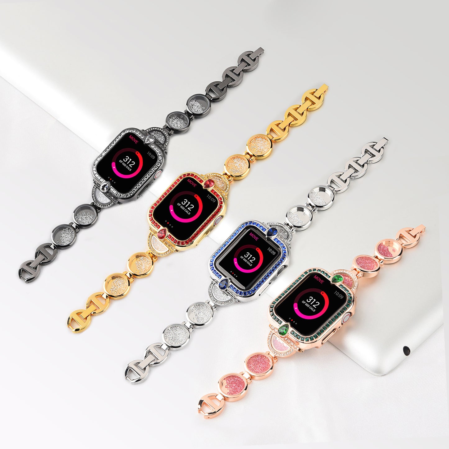 Rhinestones Decor Stainless Steel Watch Band Replacement Wrist Strap for Apple Watch Ultra 49mm / Series 8 45mm / 7 45mm / Series 6 / 5 / 4 / SE 44mm / SE (2022) 44mm Series 3 / 2 / 1 42mm - Rose Gold