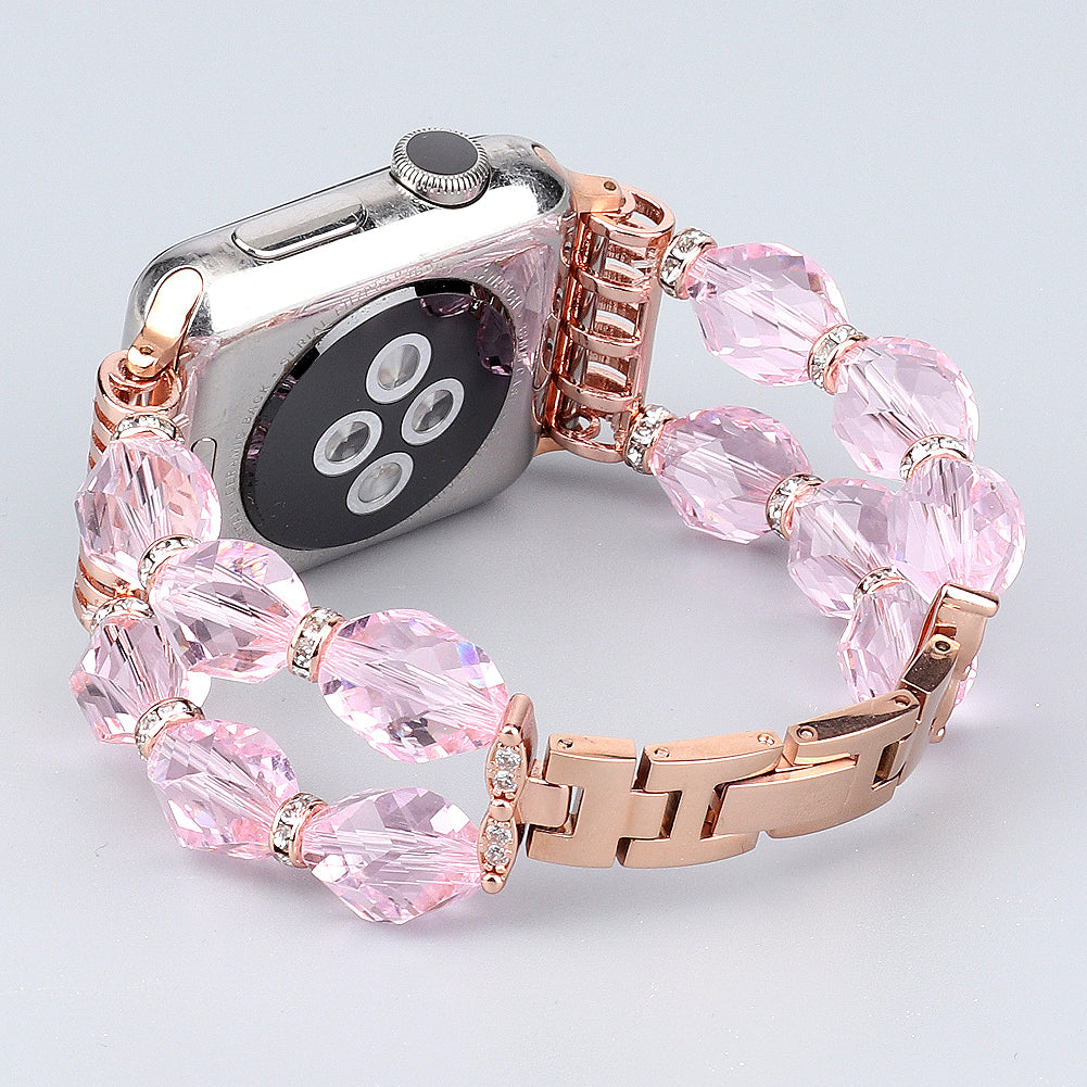 Rhombus Shaped Crystal Metal Wrist Strap Replacement Smart Watch Band for Apple Watch Ultra 49mm / Series 8 45mm / 7 45mm / 4 / 5 / 6 / SE 44mm / SE (2022) 44mm / Series 1 / 2 / 3 42mm - Pink