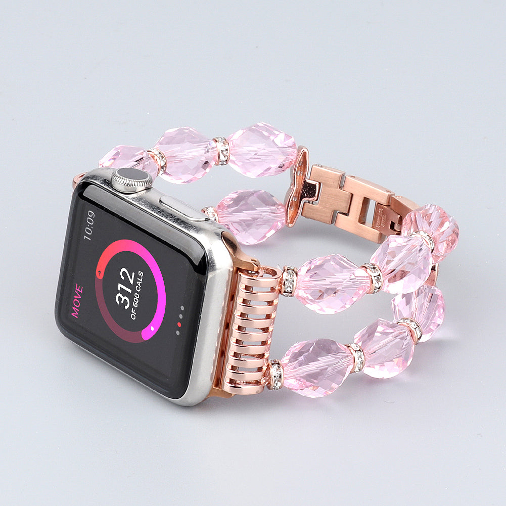 Rhombus Shaped Crystal Metal Wrist Strap Replacement Smart Watch Band for Apple Watch Ultra 49mm / Series 8 45mm / 7 45mm / 4 / 5 / 6 / SE 44mm / SE (2022) 44mm / Series 1 / 2 / 3 42mm - Pink