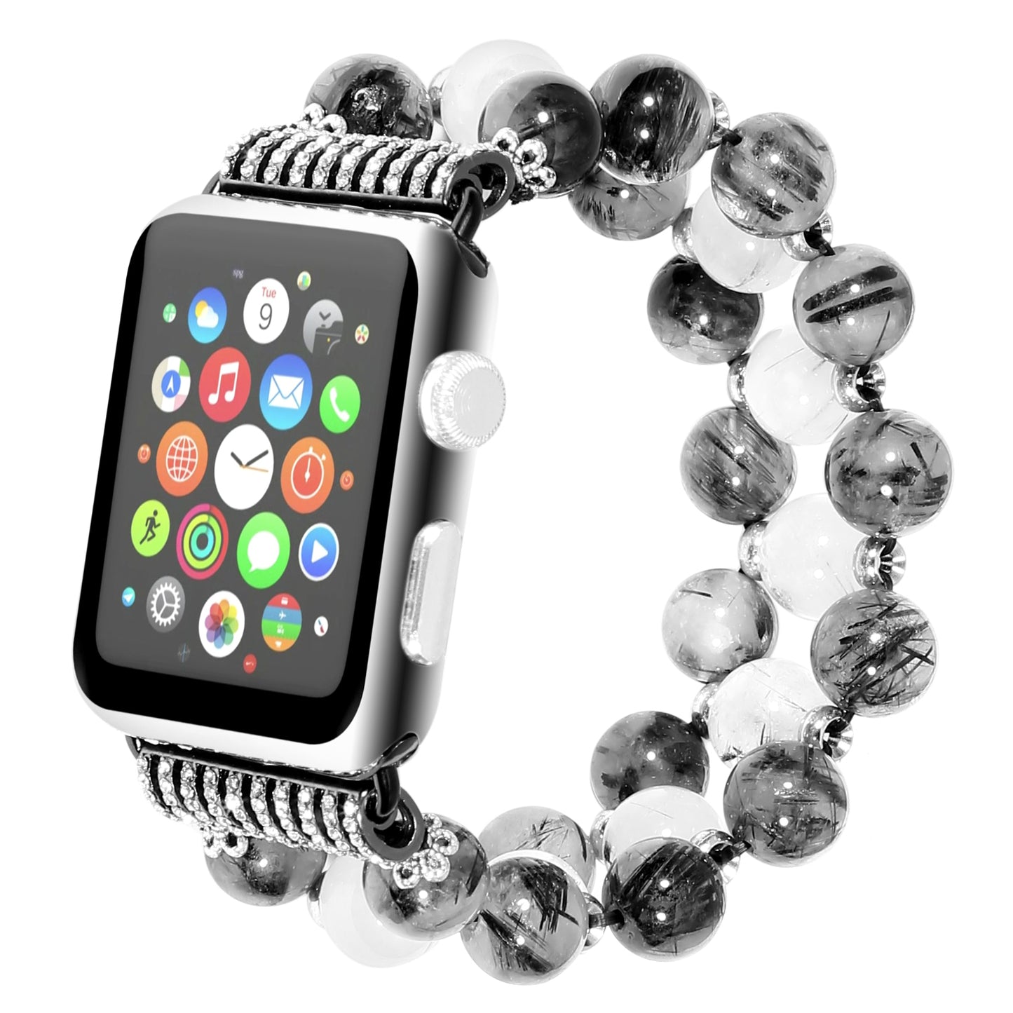 Stylish Three Rows Agate Beads + Metal Bracelet Wrist Strap Smart Watch Band for Apple Watch Ultra 49mm / Series 8 45mm / 7 45mm / Series 6 / 5 / 4 / SE 44mm / SE (2022) 44mm Series 3 / 2 / 1 42mm - Black