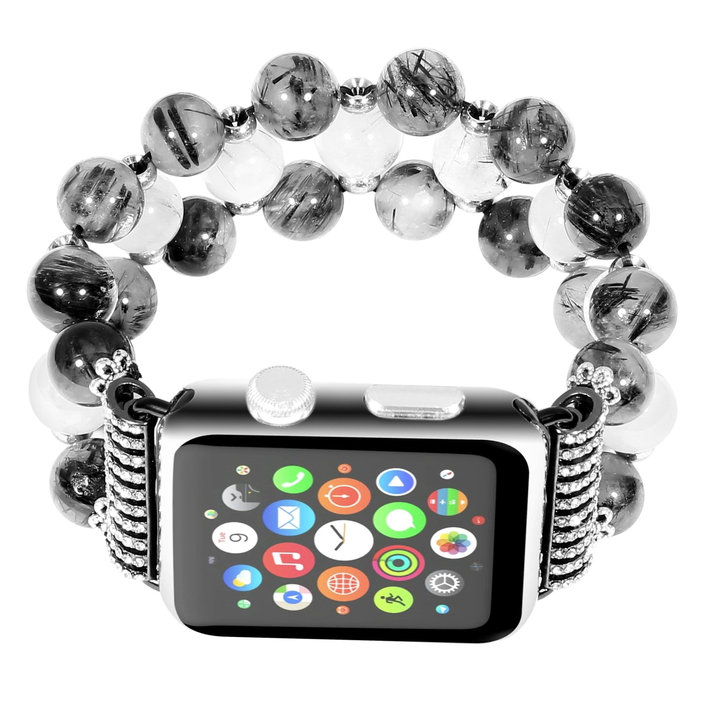 Stylish Three Rows Agate Beads + Metal Bracelet Wrist Strap Smart Watch Band for Apple Watch Ultra 49mm / Series 8 45mm / 7 45mm / Series 6 / 5 / 4 / SE 44mm / SE (2022) 44mm Series 3 / 2 / 1 42mm - Black