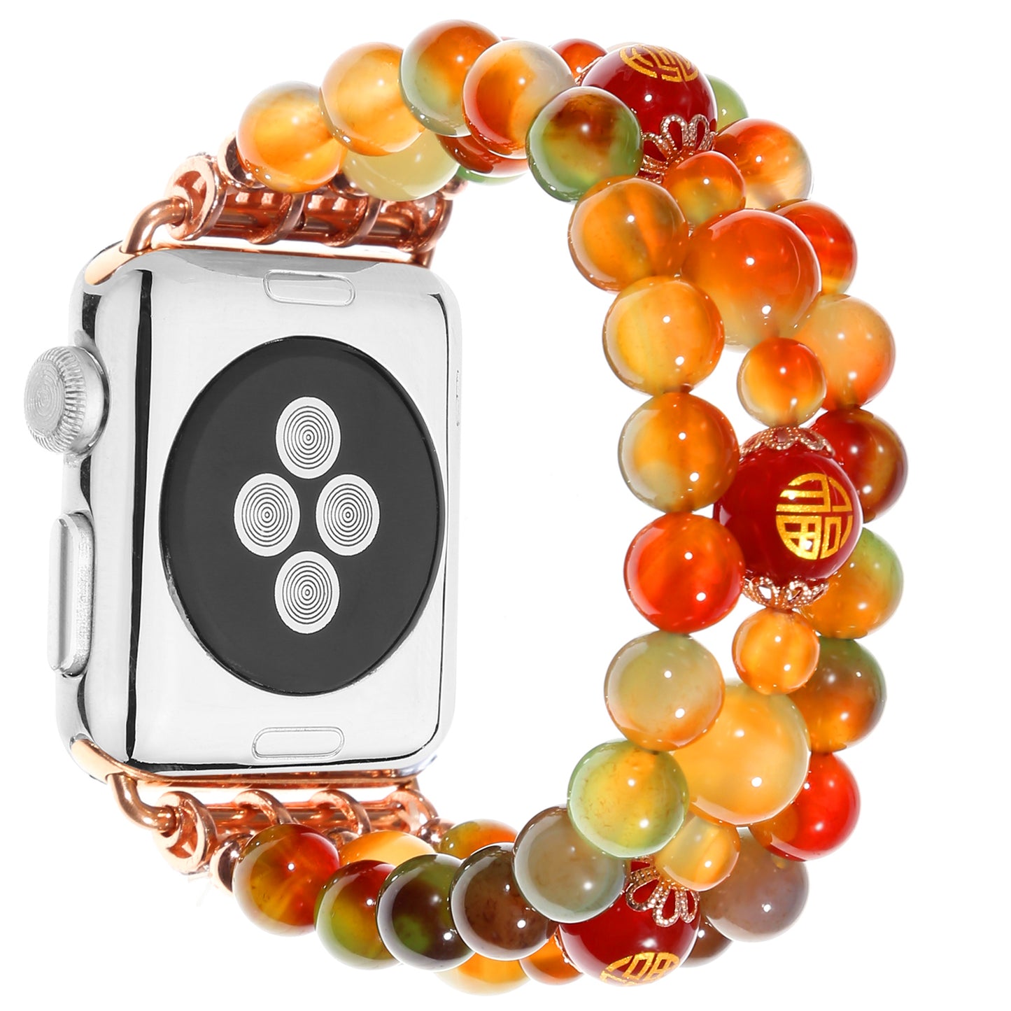 Stylish Three Rows Agate Beads + Metal Bracelet Wrist Strap Smart Watch Band for Apple Watch Ultra 49mm / Series 8 45mm / 7 45mm / Series 6 / 5 / 4 / SE 44mm / SE (2022) 44mm Series 3 / 2 / 1 42mm - Good Fortune Character Agate