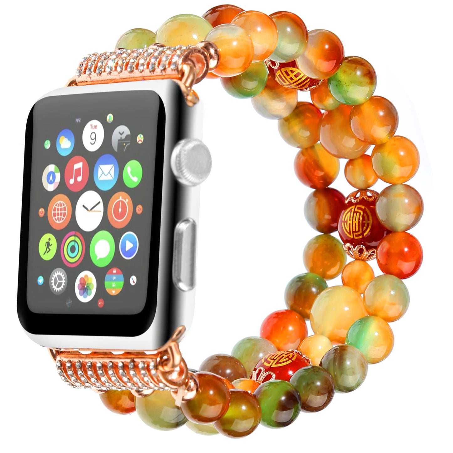 Stylish Three Rows Agate Beads + Metal Bracelet Wrist Strap Smart Watch Band for Apple Watch Ultra 49mm / Series 8 45mm / 7 45mm / Series 6 / 5 / 4 / SE 44mm / SE (2022) 44mm Series 3 / 2 / 1 42mm - Good Fortune Character Agate