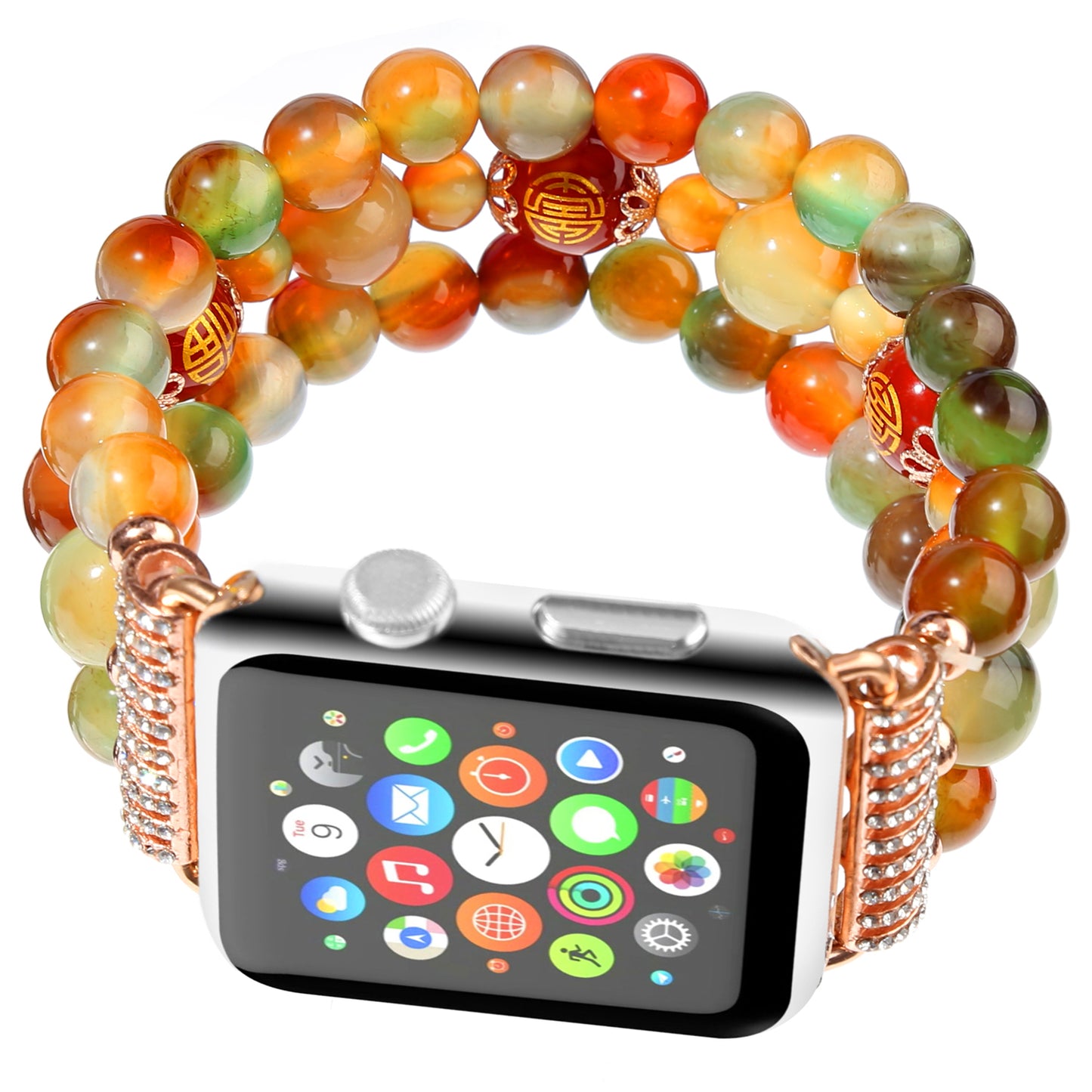 Stylish Three Rows Agate Beads + Metal Bracelet Wrist Strap Smart Watch Band for Apple Watch Ultra 49mm / Series 8 45mm / 7 45mm / Series 6 / 5 / 4 / SE 44mm / SE (2022) 44mm Series 3 / 2 / 1 42mm - Good Fortune Character Agate