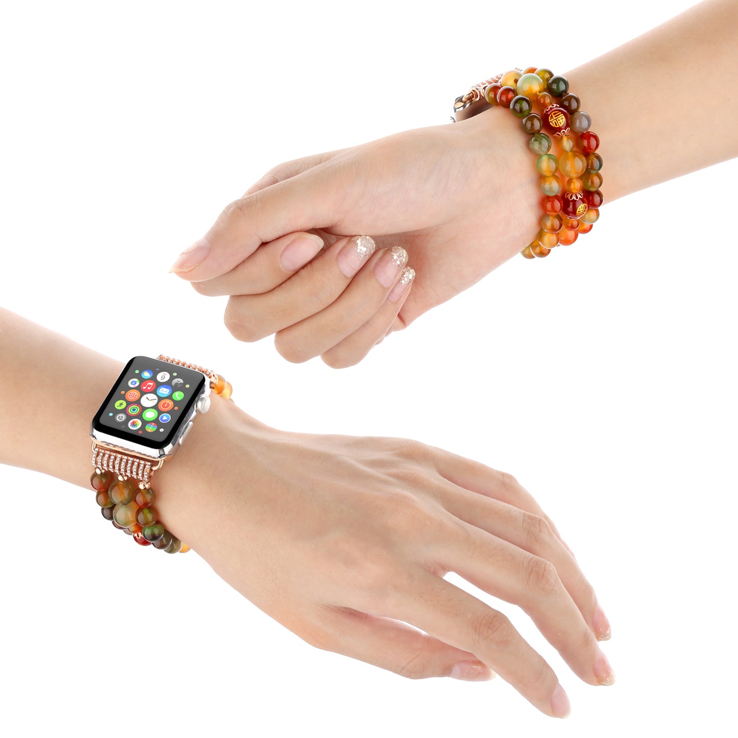 Stylish Three Rows Agate Beads + Metal Bracelet Wrist Strap Smart Watch Band for Apple Watch Ultra 49mm / Series 8 45mm / 7 45mm / Series 6 / 5 / 4 / SE 44mm / SE (2022) 44mm Series 3 / 2 / 1 42mm - Good Fortune Character Agate