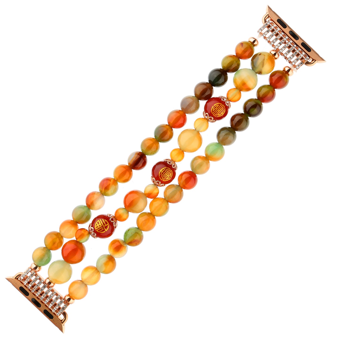Stylish Three Rows Agate Beads + Metal Bracelet Wrist Strap Smart Watch Band for Apple Watch Ultra 49mm / Series 8 45mm / 7 45mm / Series 6 / 5 / 4 / SE 44mm / SE (2022) 44mm Series 3 / 2 / 1 42mm - Good Fortune Character Agate