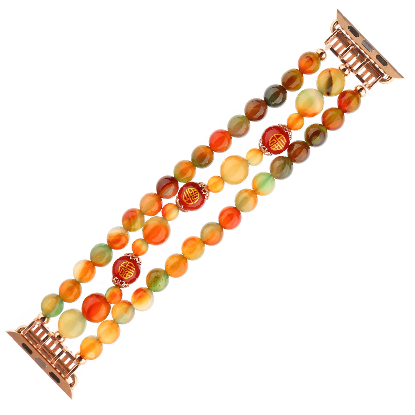 Stylish Three Rows Agate Beads + Metal Bracelet Wrist Strap Smart Watch Band for Apple Watch Ultra 49mm / Series 8 45mm / 7 45mm / Series 6 / 5 / 4 / SE 44mm / SE (2022) 44mm Series 3 / 2 / 1 42mm - Good Fortune Character Agate