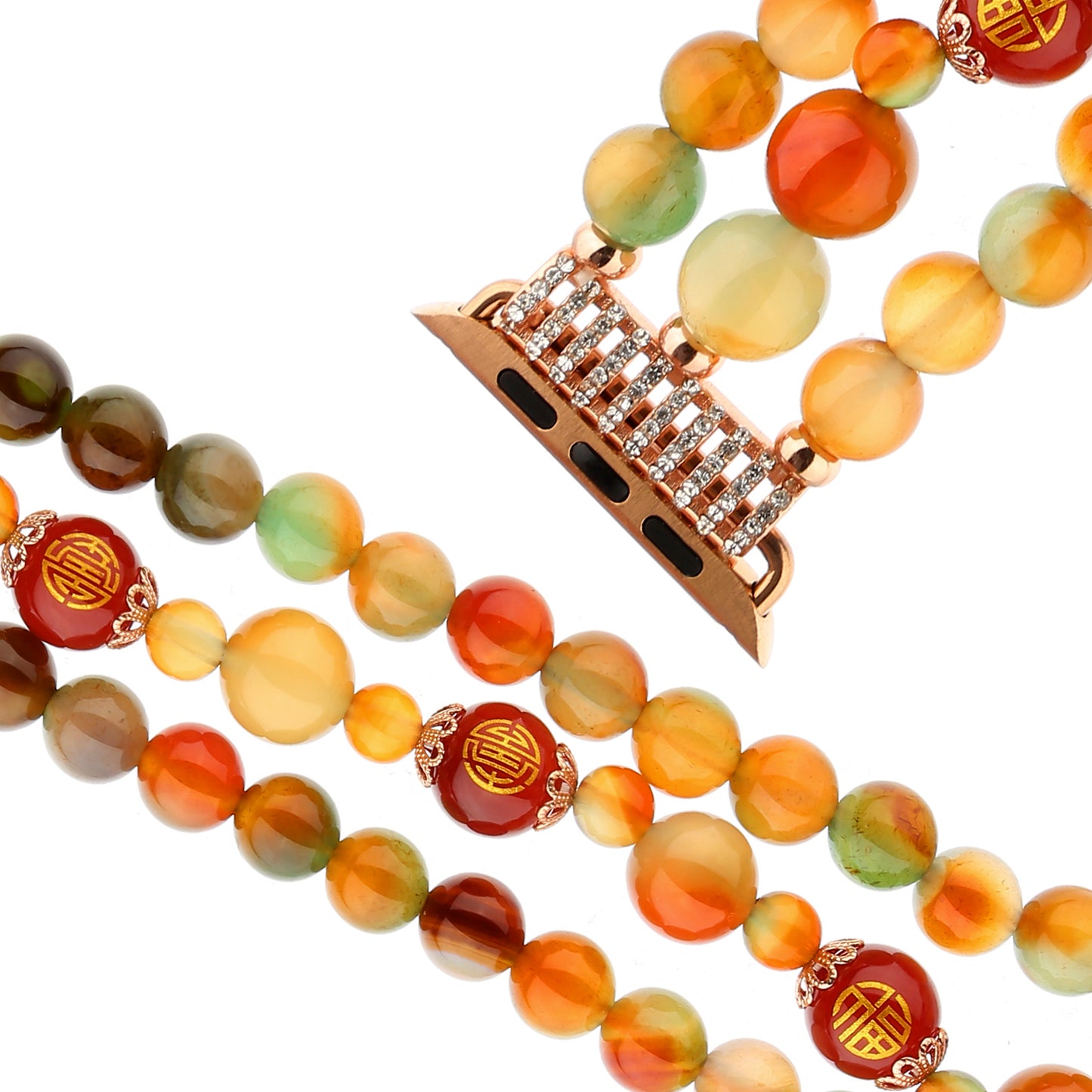 Stylish Three Rows Agate Beads + Metal Bracelet Wrist Strap Smart Watch Band for Apple Watch Ultra 49mm / Series 8 45mm / 7 45mm / Series 6 / 5 / 4 / SE 44mm / SE (2022) 44mm Series 3 / 2 / 1 42mm - Good Fortune Character Agate