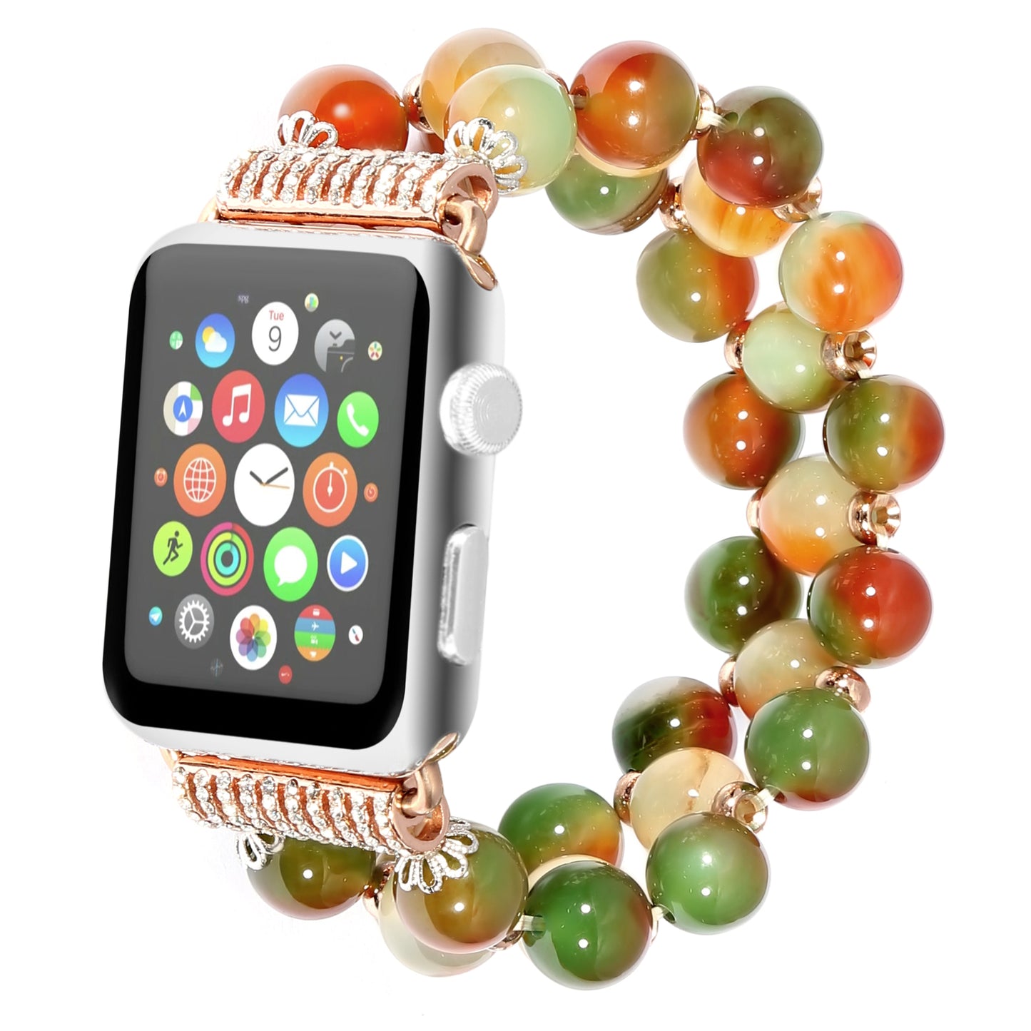 Stylish Three Rows Agate Beads + Metal Bracelet Wrist Strap Smart Watch Band for Apple Watch Ultra 49mm / Series 8 45mm / 7 45mm / Series 6 / 5 / 4 / SE 44mm / SE (2022) 44mm Series 3 / 2 / 1 42mm - Brown