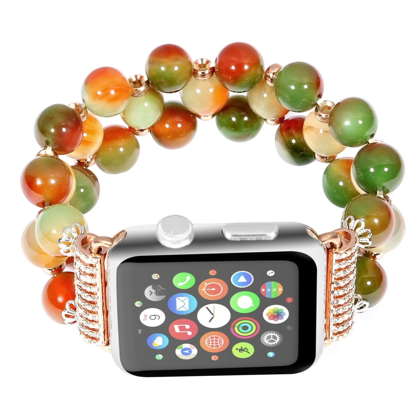 Stylish Three Rows Agate Beads + Metal Bracelet Wrist Strap Smart Watch Band for Apple Watch Ultra 49mm / Series 8 45mm / 7 45mm / Series 6 / 5 / 4 / SE 44mm / SE (2022) 44mm Series 3 / 2 / 1 42mm - Brown