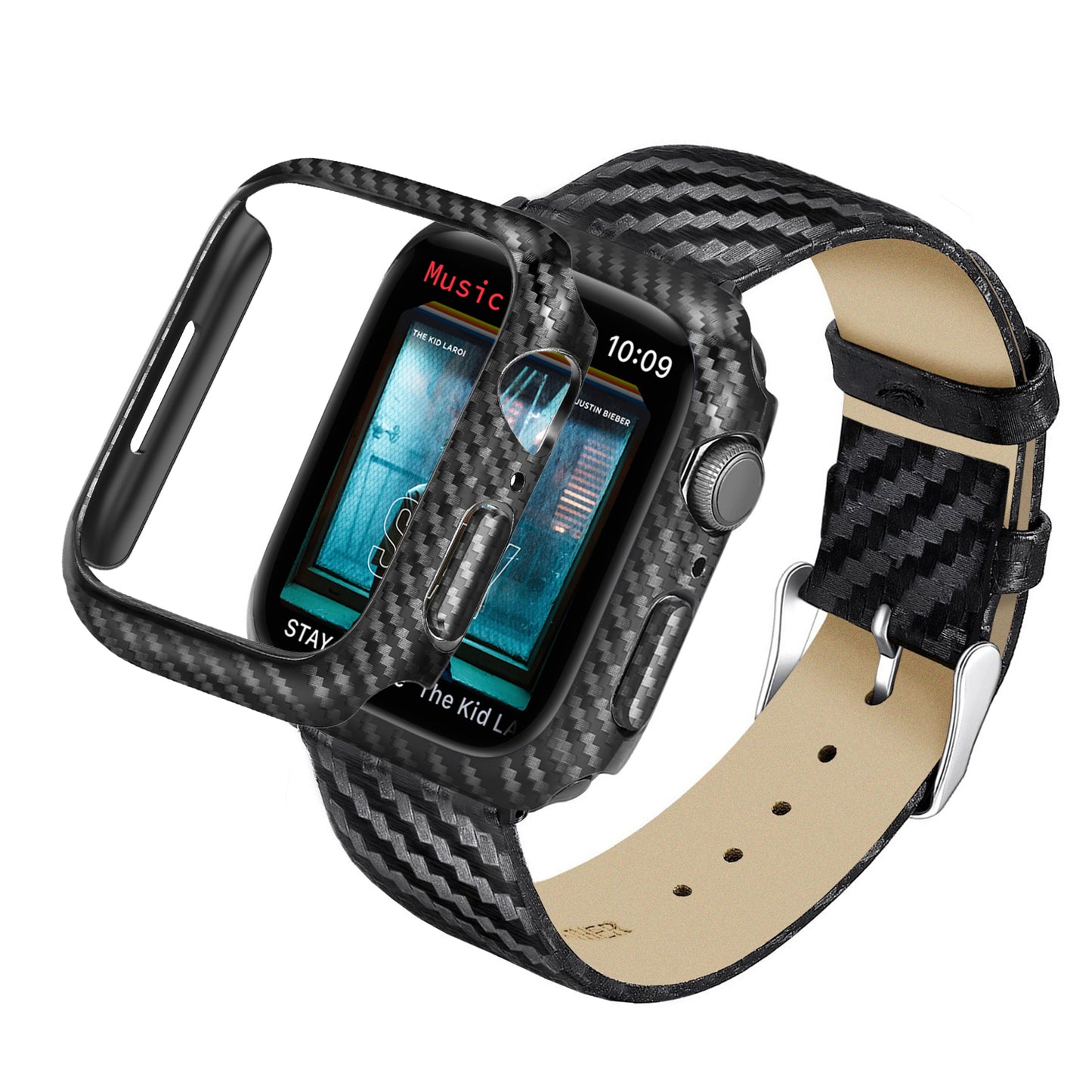 Replacement Carbon Fiber Texture Watch Case Genuine Leather Wrist Band for Apple Watch Series 7 41mm