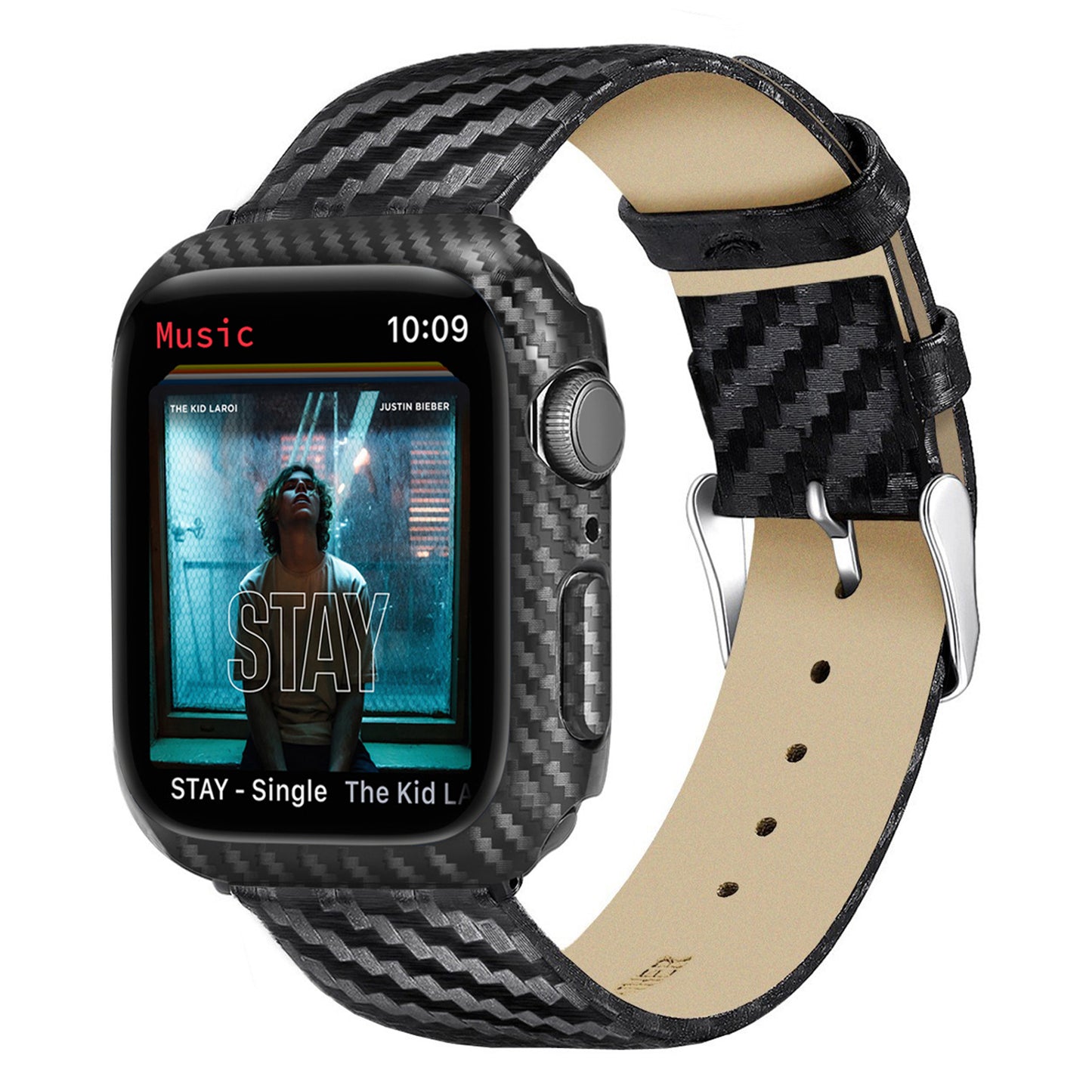 Replacement Carbon Fiber Texture Watch Case Genuine Leather Wrist Band for Apple Watch Series 7 41mm