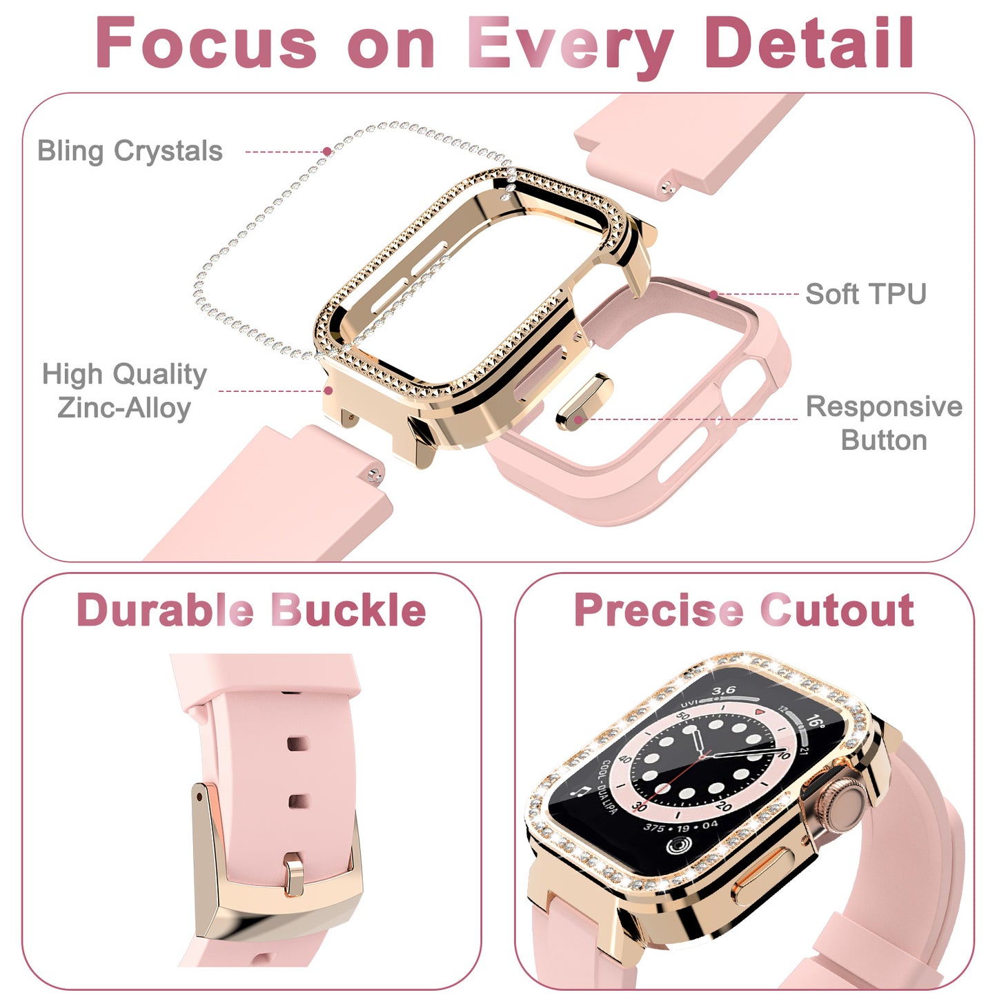 KINGXBAR for Apple Watch Series 5/6 40mm/Series 7 41mm Zinc Alloy + TPU Rhinestone Watch Case + TPU Watch Bands - Pink