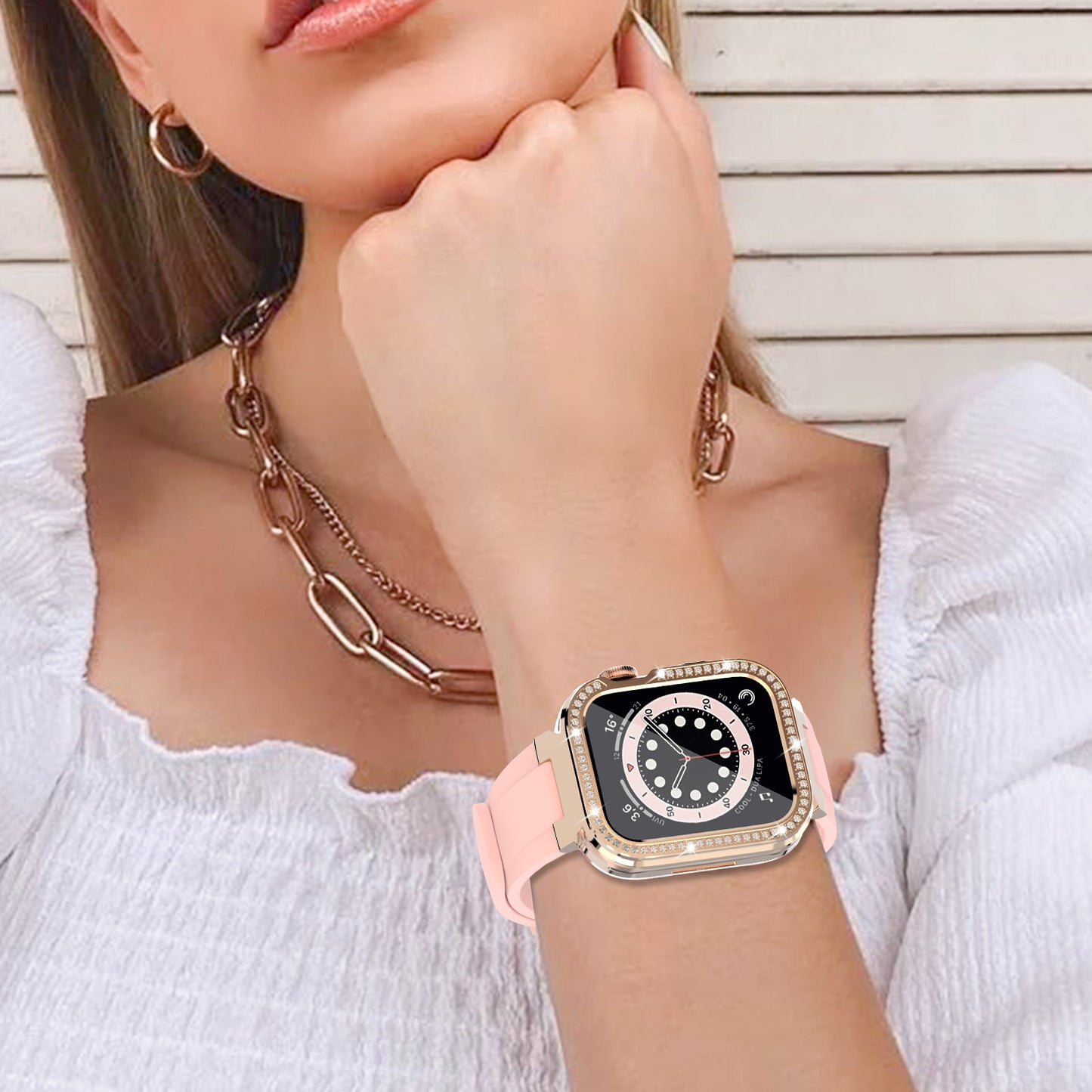 KINGXBAR for Apple Watch Series 5/6 40mm/Series 7 41mm Zinc Alloy + TPU Rhinestone Watch Case + TPU Watch Bands - Pink