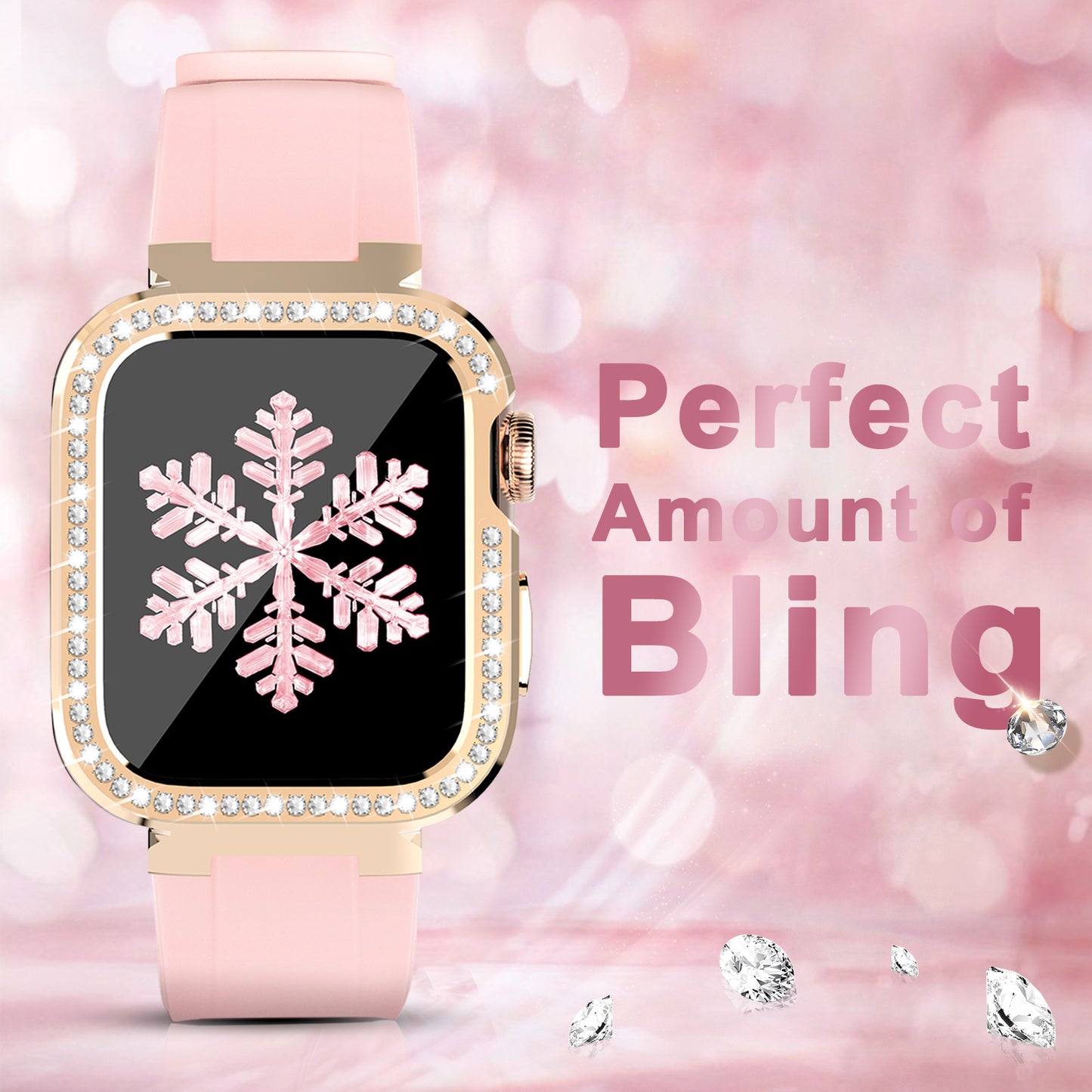 KINGXBAR for Apple Watch Series 5/6 40mm/Series 7 41mm Zinc Alloy + TPU Rhinestone Watch Case + TPU Watch Bands - Pink