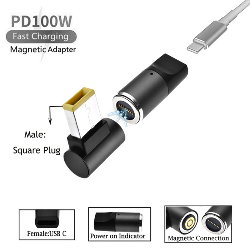 Uniqkart for Lenovo ThinkPad 100W Magnetic Type-C Female to Square Male Plug Laptop Charging Converter Adapter