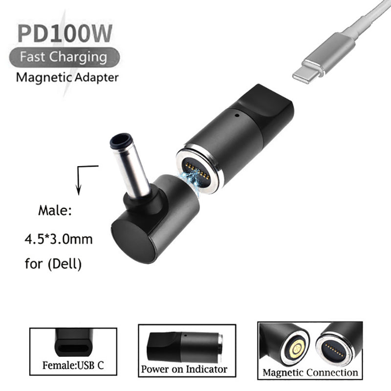 Uniqkart for Dell D Series Notebook Magnetic Charging Adapter 100W Type-C Female to 4.5mmx3.0mm Male PD Fast Charging Converter