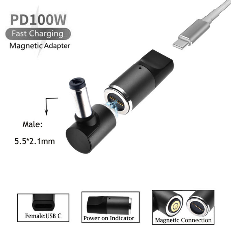 100W Magnetic Laptop Charging Adapter Type-C Female to 5.5mmx2.1mm Male Notebook Fast Charging Connector