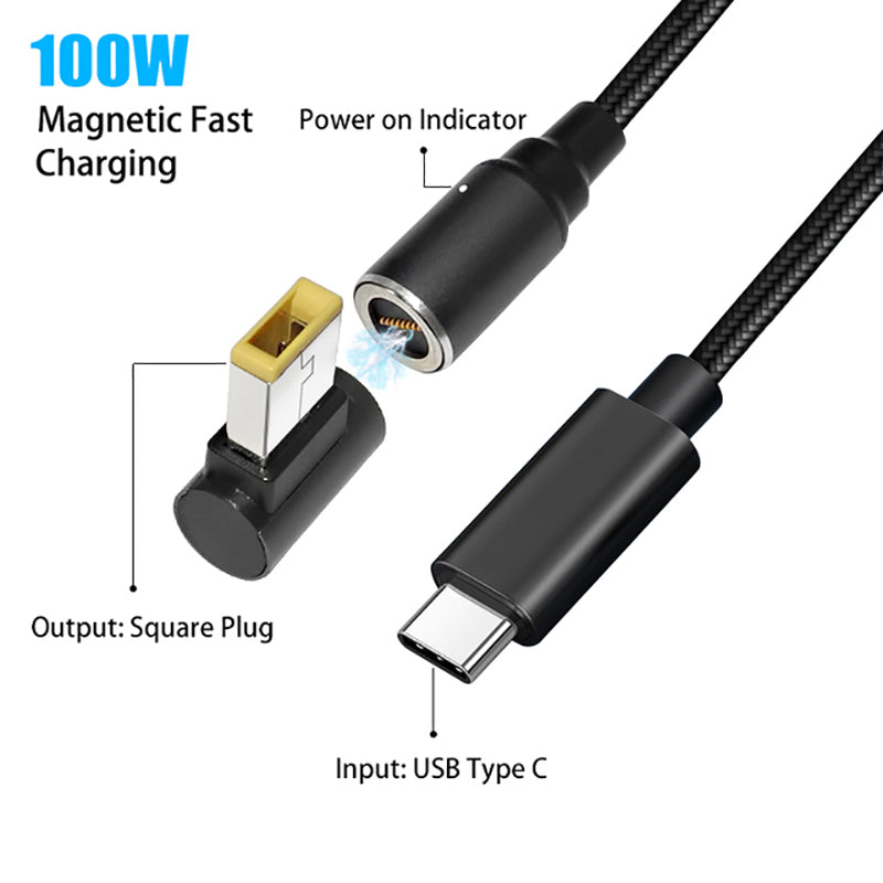 USB-C to Square Plug for Lenovo/IBM/ThinkPad Laptop, 1.8m PD 100W Magnetic Absorption DC Cable E-Mark Chip Notebook Adapter Fast Charging