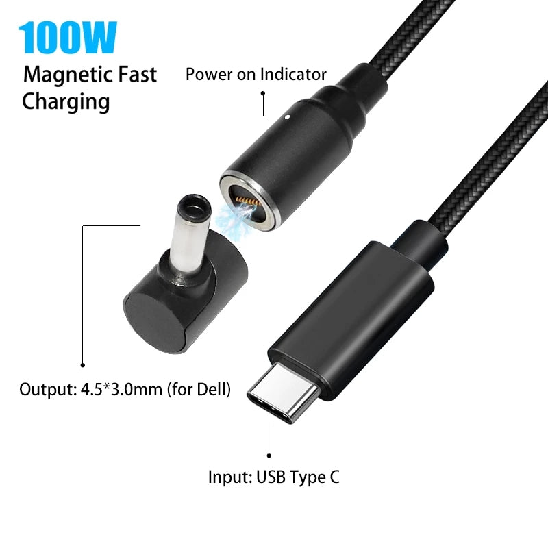 1.8m For Dell Inspiron 11 13 14 15 100W Magnetic Fast Charge Cable Connector USB C to 4.5x3.0mm DC Power Jack Adapter Cable