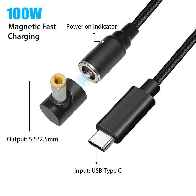 1.8m 100W Magnetic Cable USB C to 5.5x2.5 PD DC Power Adapter Converter for ASUS Lenovo ThinkPad Fast Charging USB C Cable Connector