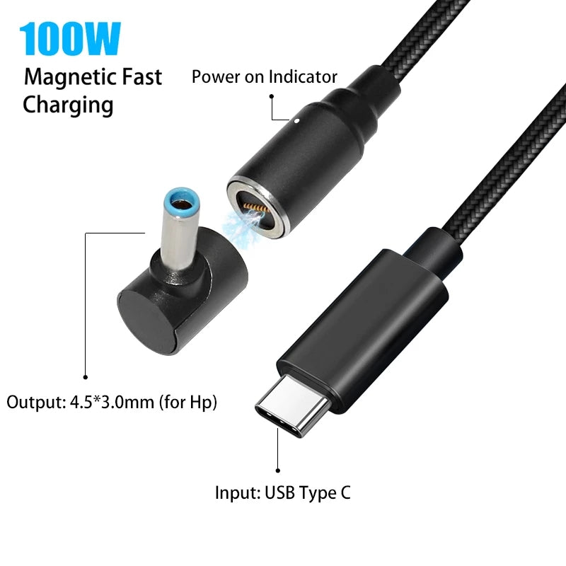 1.8m 100W USB C Type C PD DC Power Adapter Converter for HP Laptop Charging 4.5x3.0mm Magnetic USB C Connector Cable