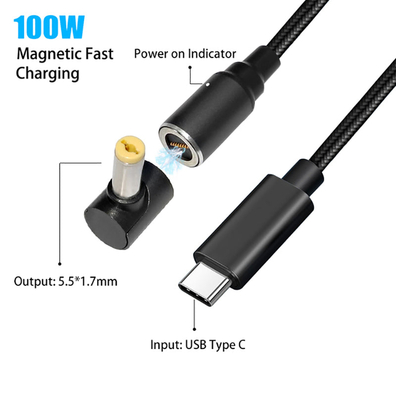 USB-C to 5.5x1.7mm for Acer Laptop, 1.8m PD 100W 8-pin Magnetic Absorption Notebook Adapter Type-C Quick Charging DC Cable