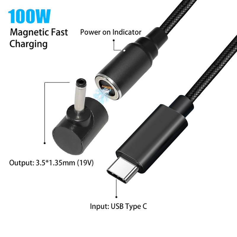 USB-C to 3.5x1.35mm for Asus/Fujitsu Laptop, 1.8m PD 100W Magnetic Notebook Connector Quick Charging Adapter E-Mark Chip Speedy DC Cable Not Hurt the Battery