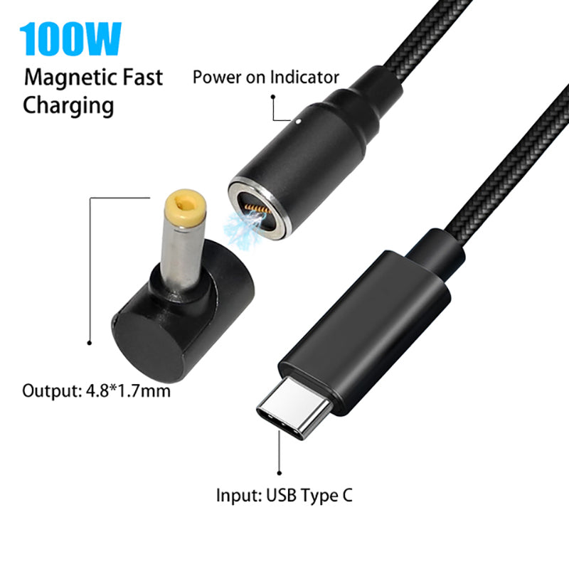USB-C to 4.8 x1.7mm for Dell/HP Laptop, 1.8m 100W Magnetic Absorption Notebook Adapter Fast Charging DC Cable