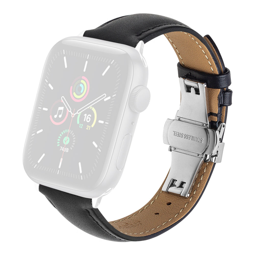 QIALINO for Apple Watch Ultra 49mm / Series 8 45mm / 7 45mm / Series 6 / 5 / 4 / SE 44mm / SE (2022) 44mm / Series 3 / 2 / 1 42mm Solid Color Genuine Leather Wristband Smart Watch Replacement Strap - Black