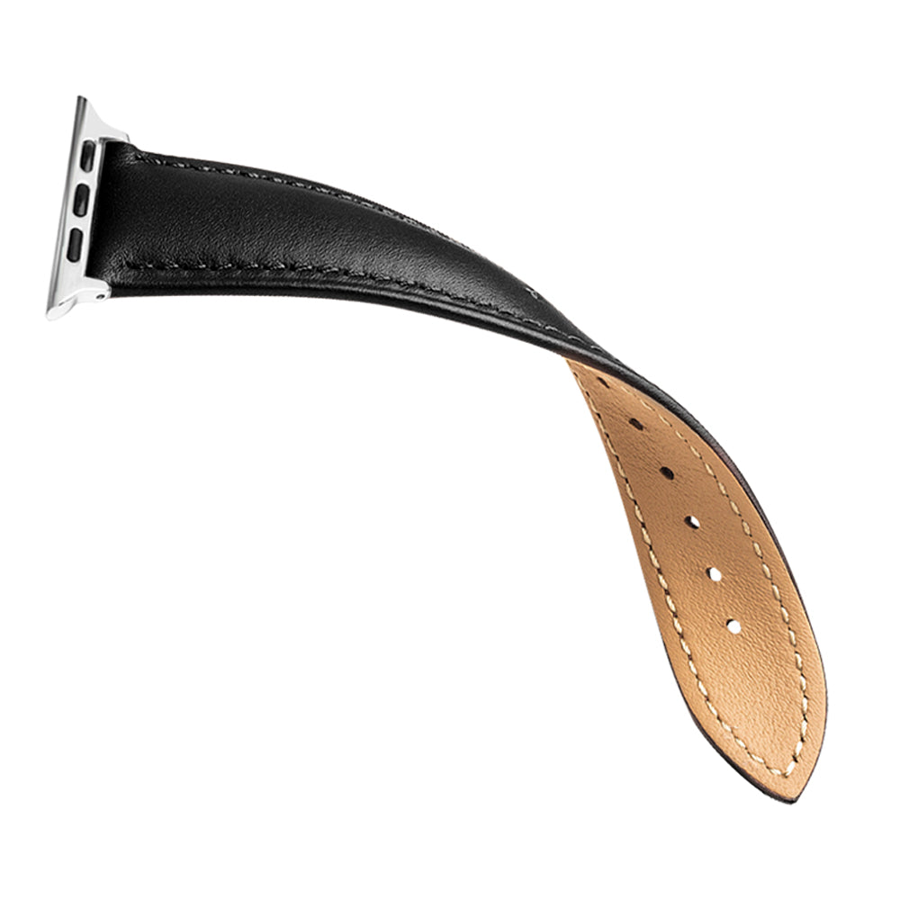 QIALINO for Apple Watch Ultra 49mm / Series 8 45mm / 7 45mm / Series 6 / 5 / 4 / SE 44mm / SE (2022) 44mm / Series 3 / 2 / 1 42mm Solid Color Genuine Leather Wristband Smart Watch Replacement Strap - Black