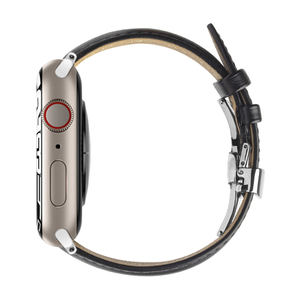 QIALINO for Apple Watch Ultra 49mm / Series 8 45mm / 7 45mm / Series 6 / 5 / 4 / SE 44mm / SE (2022) 44mm / Series 3 / 2 / 1 42mm Solid Color Genuine Leather Wristband Smart Watch Replacement Strap - Black