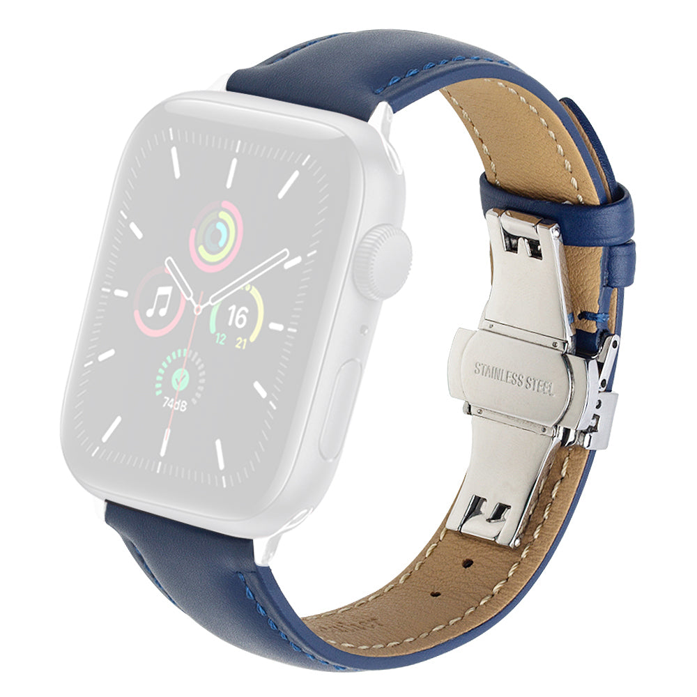 QIALINO for Apple Watch Ultra 49mm / Series 8 45mm / 7 45mm / Series 6 / 5 / 4 / SE 44mm / SE (2022) 44mm / Series 3 / 2 / 1 42mm Solid Color Genuine Leather Wristband Smart Watch Replacement Strap - Blue