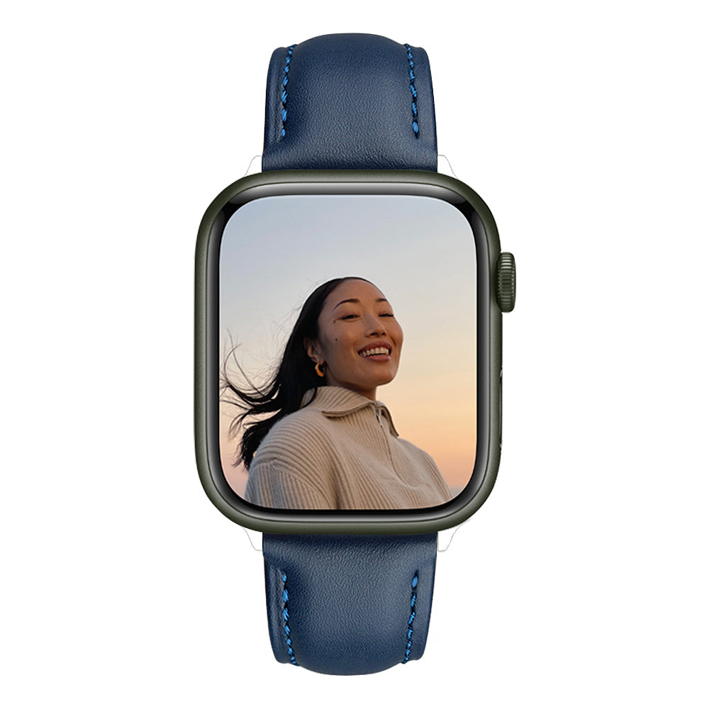 QIALINO for Apple Watch Ultra 49mm / Series 8 45mm / 7 45mm / Series 6 / 5 / 4 / SE 44mm / SE (2022) 44mm / Series 3 / 2 / 1 42mm Solid Color Genuine Leather Wristband Smart Watch Replacement Strap - Blue