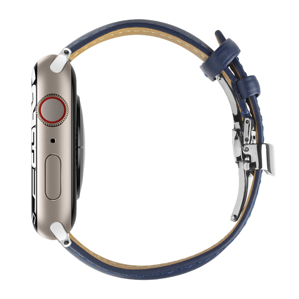 QIALINO for Apple Watch Ultra 49mm / Series 8 45mm / 7 45mm / Series 6 / 5 / 4 / SE 44mm / SE (2022) 44mm / Series 3 / 2 / 1 42mm Solid Color Genuine Leather Wristband Smart Watch Replacement Strap - Blue