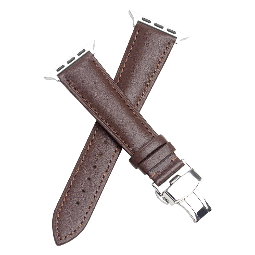 QIALINO for Apple Watch Ultra 49mm / Series 8 45mm / 7 45mm / Series 6 / 5 / 4 / SE 44mm / SE (2022) 44mm / Series 3 / 2 / 1 42mm Solid Color Genuine Leather Wristband Smart Watch Replacement Strap - Brown