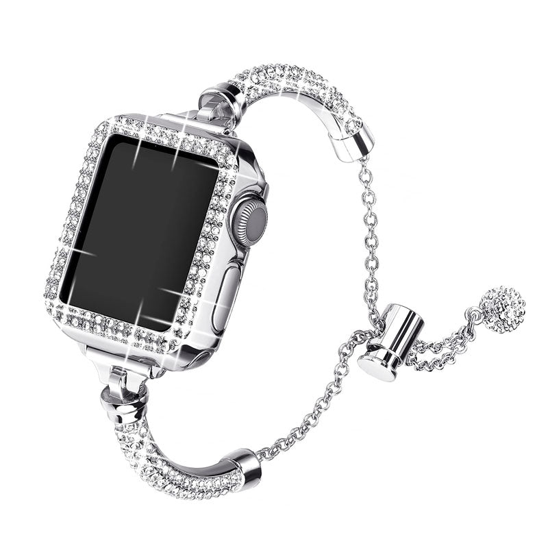 For Apple Watch Series 3/2/1 42mm Rhinestone Decor Metal Bracelet Watchband Strap + Hollow Out PC Protective Watch Case - Silver