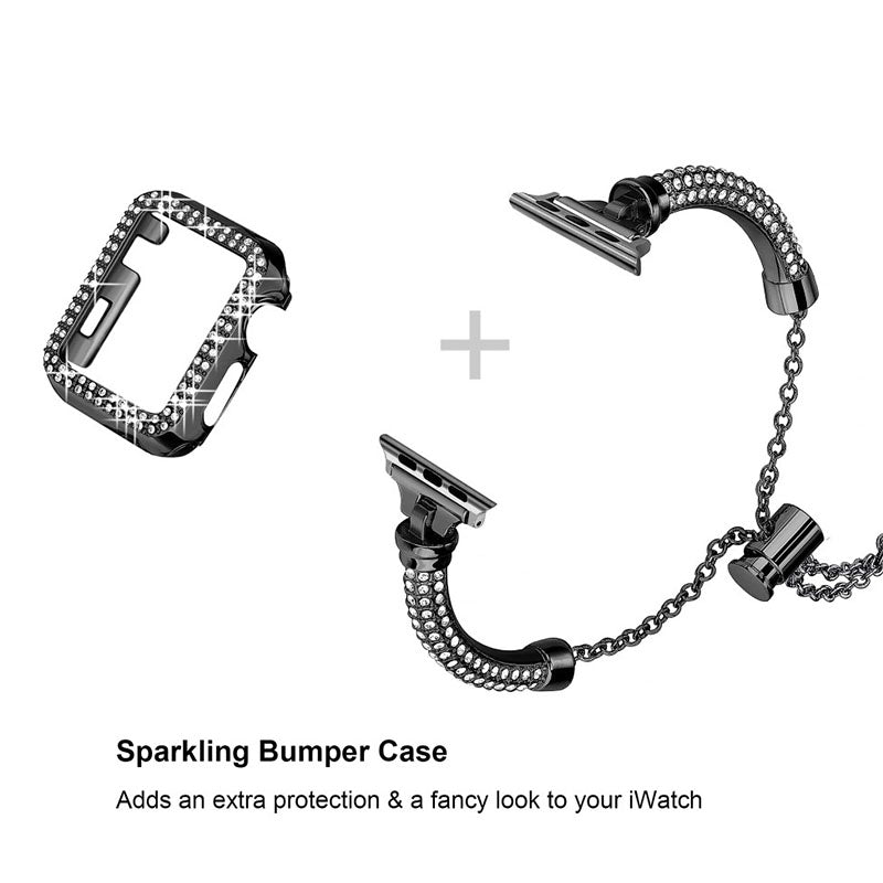 for Apple Watch SE 44mm / SE (2022) 44mm / Series 4 / 5 / 6 44mm Bracelet Metal Rhinestone Decor Durable Smart Watch Band + Hollow Out PC Watch Case - Black