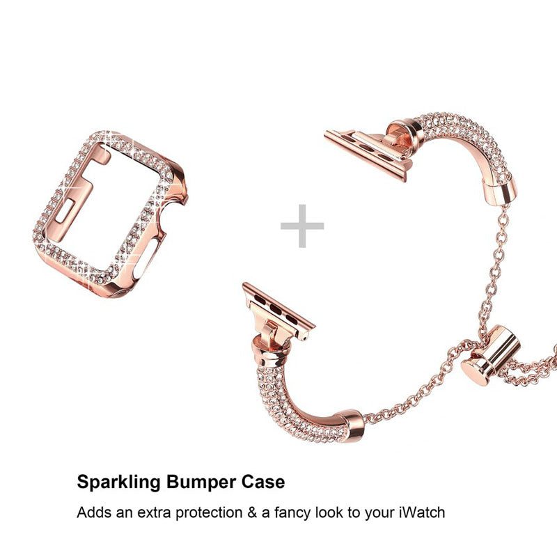 For Apple Watch Series 7 41mm Metal Rhinestone Decor Stylish Smart Watch Band Bracelet + Hollow Out Hard PC Protective Watch Case - Rose Gold